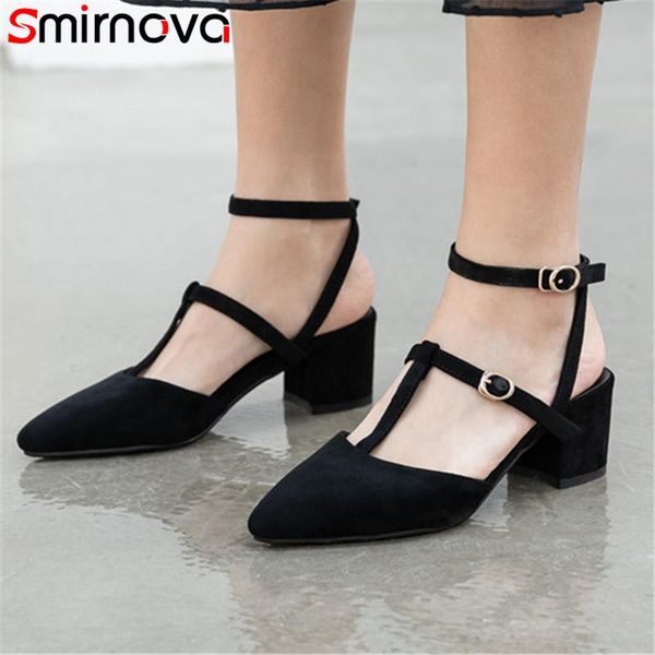 

smirnova 2021 women sandals flock pointed toe buckle square heel casual shoes simple summer female big size 43, Black