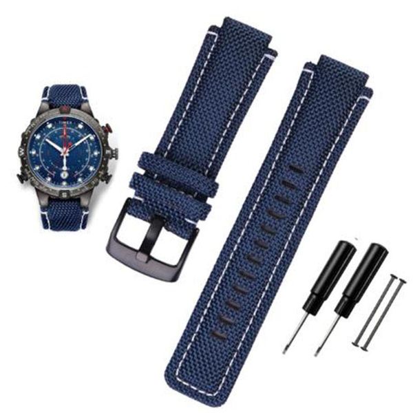 Uhrenarmbänder für TW2T76500/6300/6400-Serie. Uhrenarmband, 24 x 16 mm, blau-schwarzes Nylon mit echten Leder-Unterseite, Sport-Armbandschrauben