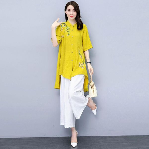 

women 2021 summer fashion two piece suits female single breasted printed ladies loose casual wide-leg pants sets k68 women's, White