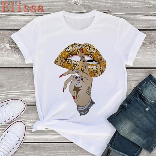 

harajuku shut up lips women t shirt o neck aesthetics print casual short sleeve streetwear tee girl, White