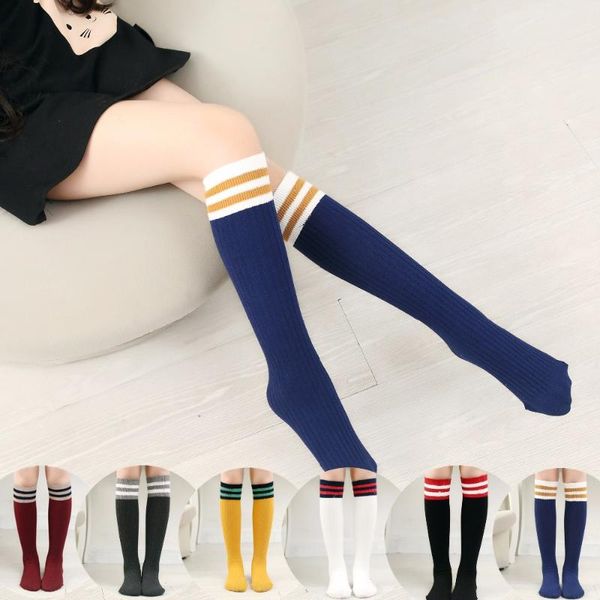 

footies 4 pairs/lot baby kids stockings girls children cotton stripes students stocking solid knee high socking for 1-8 year, Blue