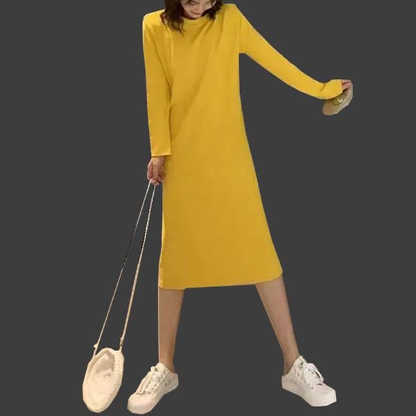 

casual dresses long sleeve sweatshirt travel dress for spring loose nightdress with round neck hem bottom straight solid vestidos, Black;gray