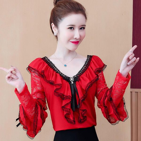 

women's blouses & shirts 2021 women vintage lace patchwork long sleeve shirt and blouse korean ruffles v-neck solid color ladies q640, White