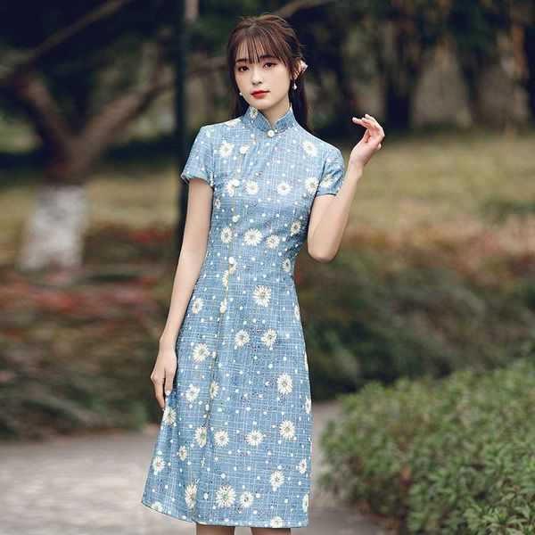 

ethnic clothing retro short sleeve blue floral print lace qipao women elegant chinese vintage bodycon high split cheongsam vestidos, Red