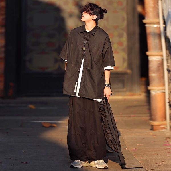 

men's casual shirts summer thin shirt short sleeve korean fashion hong kong style ruffian handsome coat student loose japanese, White;black