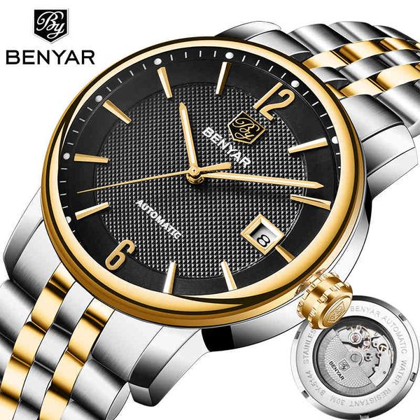 

new men watches benyar luxury brand automatic mechanical fashion gentlemen waterproof steel relogio masculino, Slivery;brown