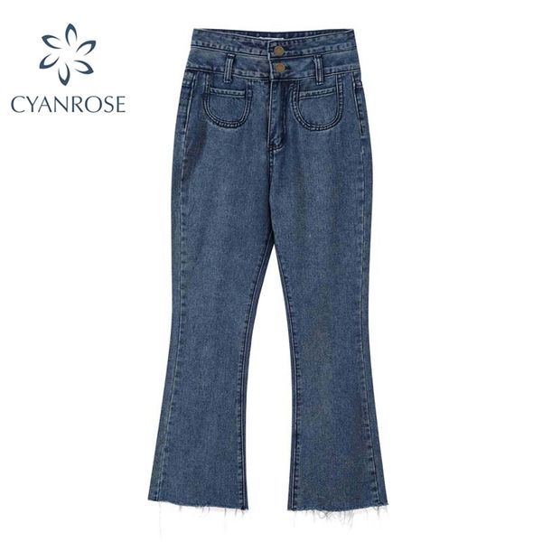 Pantaloni in denim svasato Pantaloni larghi coreani a vita alta con nappa Jeans da cowboy femminili Pantaloni eleganti da tasca retrò casual 210515