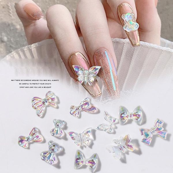 

30/100pcs shaped aurora resin nail art decorations bow bear butterfly skirt mixed all-match 3d fingernail diy accessories, Silver;gold