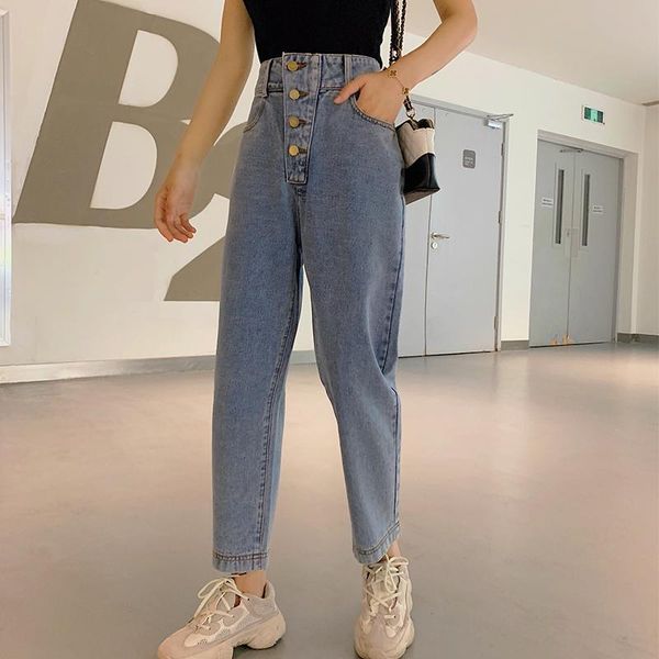 

women's jeans ead autumn vintage harem pants women high waist button slim female student harajuku blue washed denim trousers