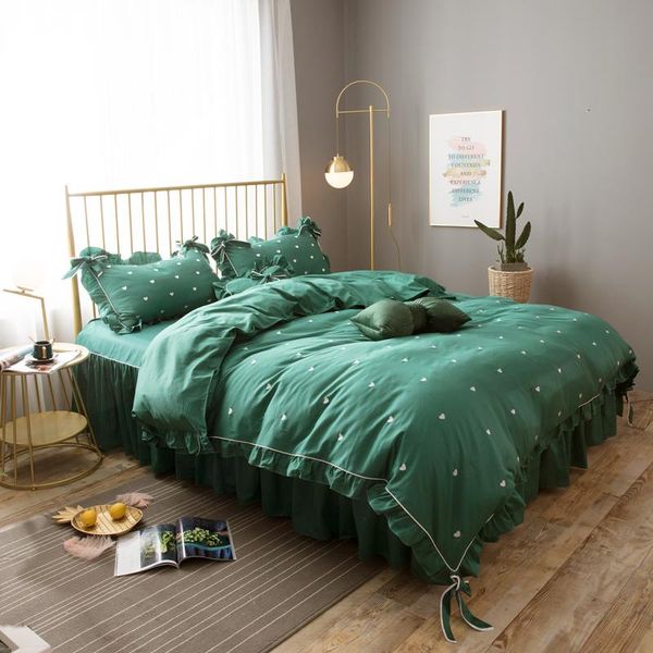 

pure cotton bedding sets green duvet cover luxury bed linen princess skirt twin full  king embroidered bedclothes