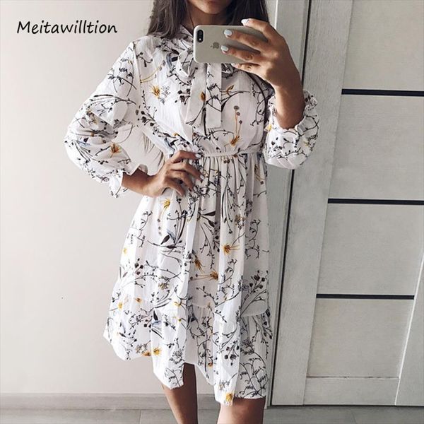 

summer autumn chiffon casual womens dress long sleeve floral print party female high elastic waist bohemian vestidos, Black;gray