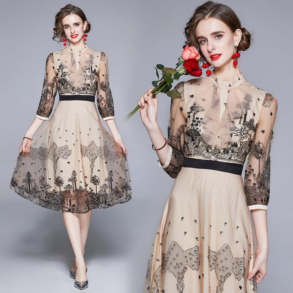 

casual dresses elegant mesh embroidery dress french ladies three quarter sleeves round neck mid length clothes apricot, Black;gray