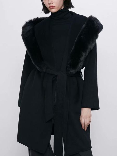 

women's wool & blends puwd vintage woman big fur collar coat 2021 fashion ladies winter long wool&blends jackets female adjustable wais, Black