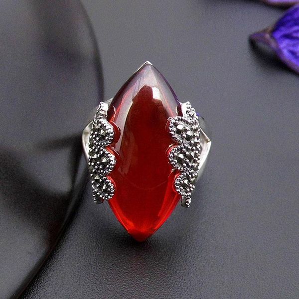 

cluster rings fnj 925 silver marcasite ring for women jewelry 100% original pure s925 sterling red zircon natural yellow agate, Golden;silver