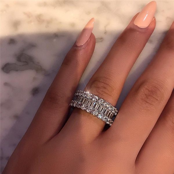 

vecalon sunset boulevard eternity promise ring 925 sterling silver diamond party wedding band rings for women jewelry, Slivery;golden