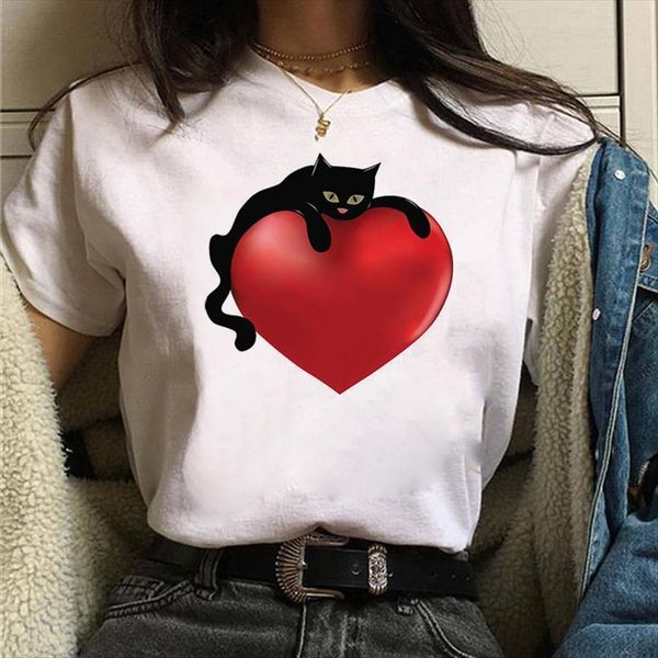

And Women Cartoon Cat Heart Men T Shirt Print Summer Casual White Tee Female Short Sleeve Tops 90s Girls Graphic, White;black
