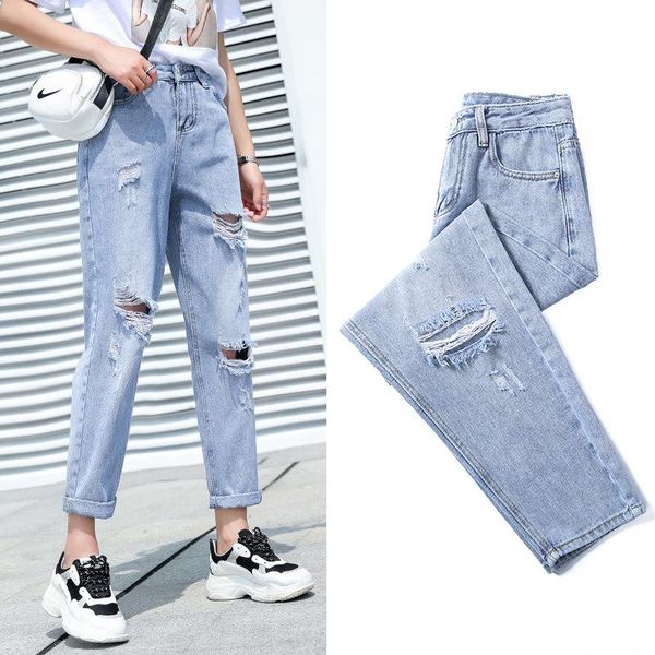 

women's jeans nine points hole blue for women summer concise casual stylish high waisted loose straight temperament ladies