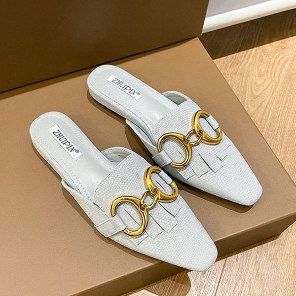 

summer women slipper fashion metal buckle slip on mules shoes ladies round toe flat heel female casual slides flip flop slippers, Black