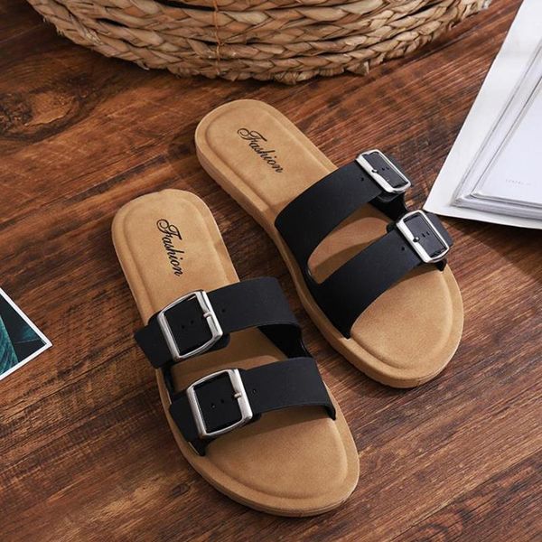 

woman shoes 2021 summer soft bottom of beach indoor and outdoor slippers flip flop double button flats heels large 41, Black
