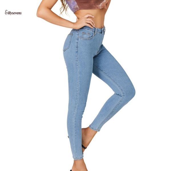 

women's jeans high waist denim trousers female 2021 fashion elastic stretch hip slim fit skinny feet nine points pencil pants, Blue