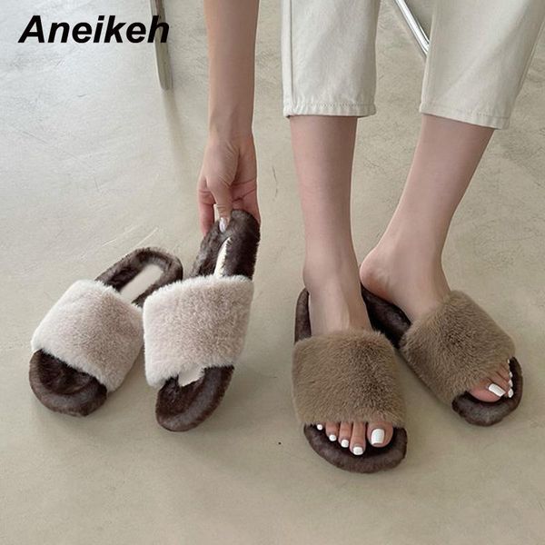 

slippers aneikeh 2021 spring /autumn zapatos mujer flocking fashion color matching wool indoor anti slip wear resistant flat slipper, Black