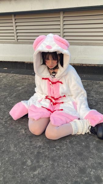 

women's jackets ruibbit girl white pink gothic autumn winter coat punk style dark thickened plush bear ear hooded cotton-padded jacket, Black;brown