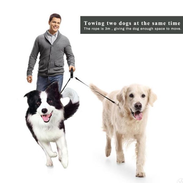 

dog collars & leashes retractable pet double leash with led light 3m automatic puppy handle locked 360 degree lead