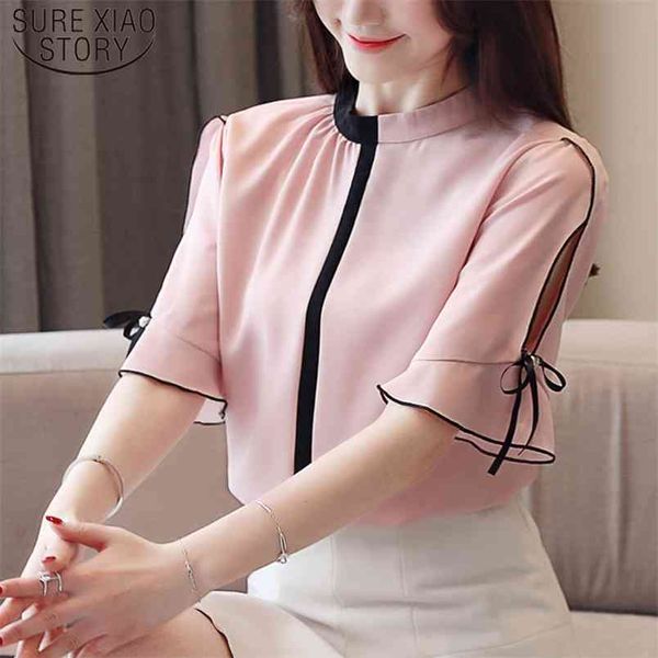 

summer large size loose solid color chiffon blouse women short-sleeve stand collar all-match ladies' shirt 8956 50 210506, White