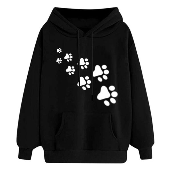 

new puppy footprint print men's and women's large hoodie, Black
