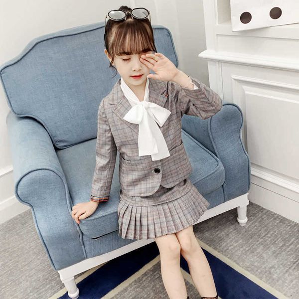 

teenage girls clothing sets spring autumn blazer+plaid pleated skirt 2pcs tracksuit for girls suit school uniform girls clothes p0831, White