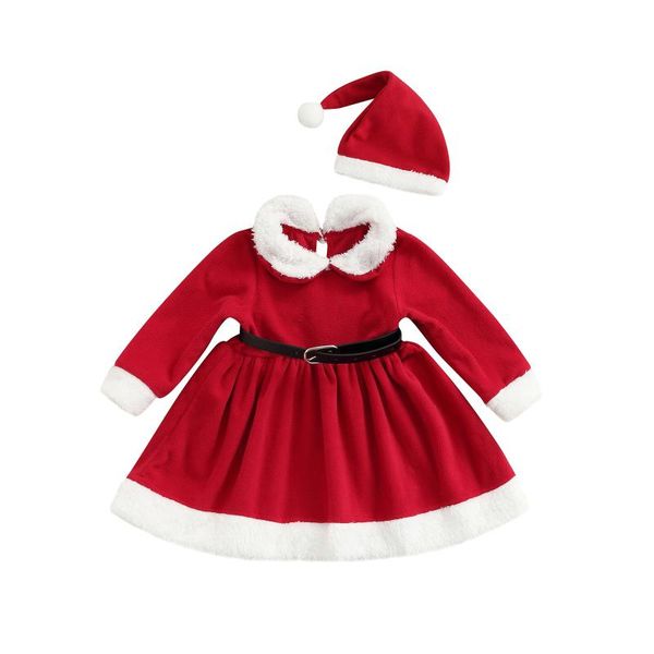 

clothing sets 3pcs infant christmas outfits, girls color block long sleeve doll collar cutout fuzzy dress + hat belt, White