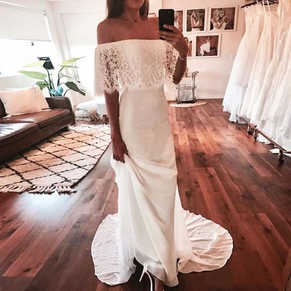 

modest boho lace off the shoulder wedding dress 2022 bridal gown with sleeves chiffon sweep train summer country designer beach stylish ruch, White