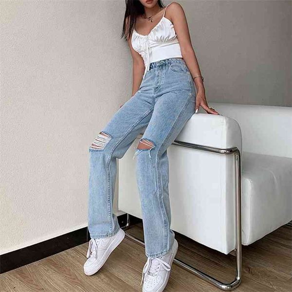 

ripped straight jeans women's streetewar high waist mom two tone y2k women vintage boyfriend hole black pants for female 210708, Blue