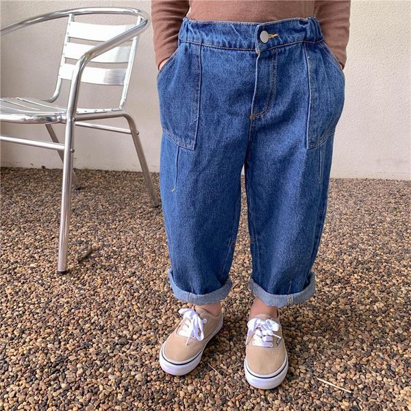 

jeans boys and girls fashion pockets casual 2-7 years korean style all-match loose denim trousers, Blue