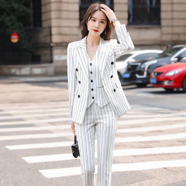 

s-4xl pant suit women white red stripe 3 piece set double breasted blazer vest and for work women's two pants