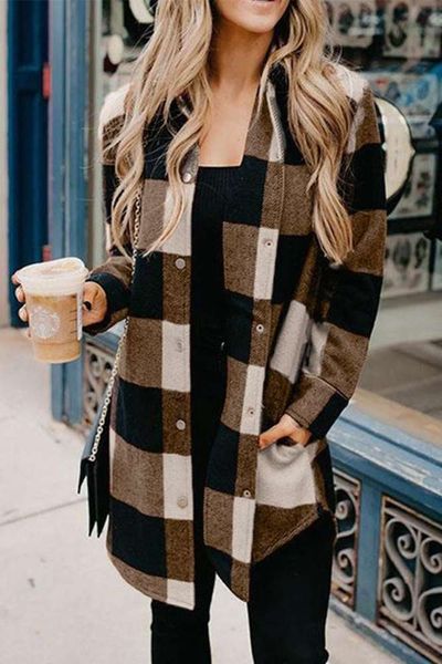 

autumn sweater medium long plaid printed sleeve coat, Black;brown