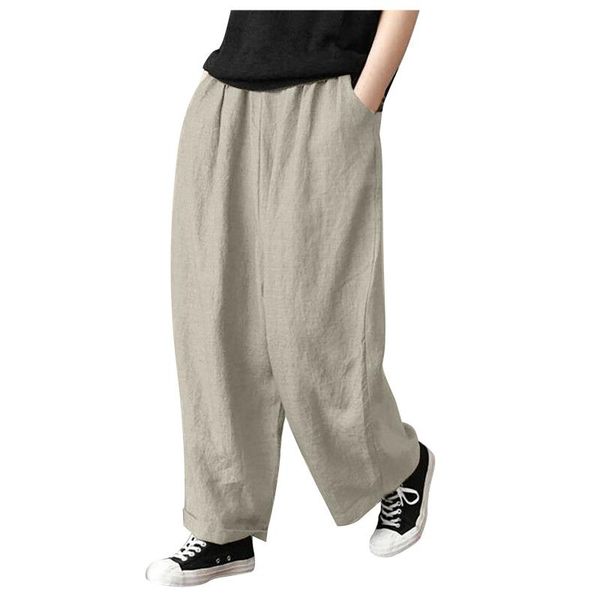 

women's pants & capris women cotton linen wide leg summer loose casual straight bloomers large size mid-waist wide-leg trousers, Black;white
