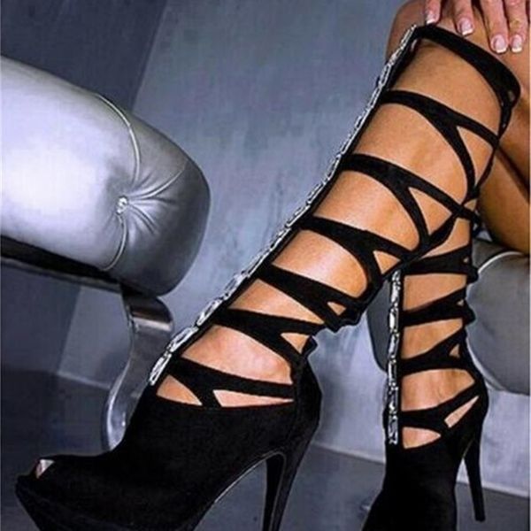 

boots black gladiator cuts crystal peep platform to the knee high boots woman stiletto heels zipper come back night club lady kj4b