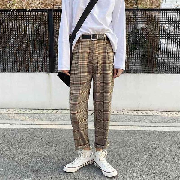 Корейские мужчины плед брюки старинные лодыжки длина прямых брюк лето тонкая уличная одежда мода свободные хаки клетчатый днищ 210715