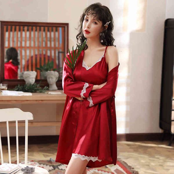 

sleepwear summer faux silk satin nightgown & gownset mini women's pajamas set elegant homewear robe 3yrm 6mdl, Black;red
