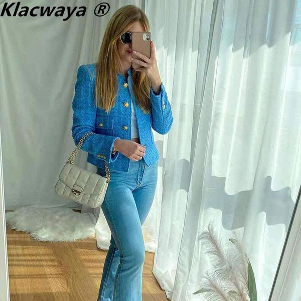 

women's suits & blazers klacwaya 2021 women blue textured short blazer vintage single-breasted long sleeve lined pocket female autumn s, White;black