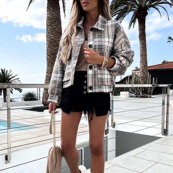 

women's jackets classic plaid women turn down collar casual single breasted packet full sleeve coat retro autumn famle cardigan, Black;brown
