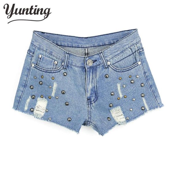 

women's jeans est women rivets denim shorts high waist-hole fashion cowboy street rivet skinny female short, Blue