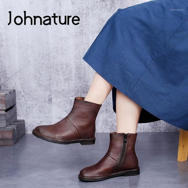 

boots johnature genuine leather retro platform women shoes 2021 spring round toe flat with zip sewing ankle ladies1, Black