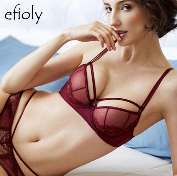 

bras sets efioly nt19a0054 lace underwear set gather perspective hollow women bra double breasted and panty, Red;black
