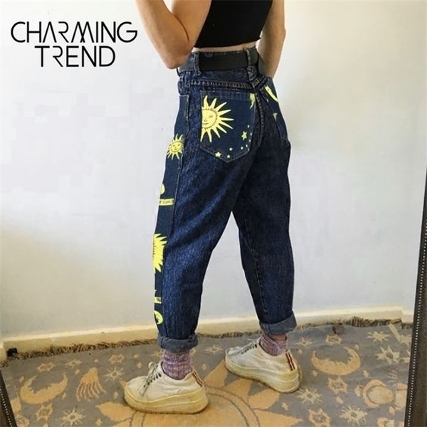 

womens high waist pant jeans female summer womens jeans trousers girls denim chic fashion moon star sun print pants women, Blue