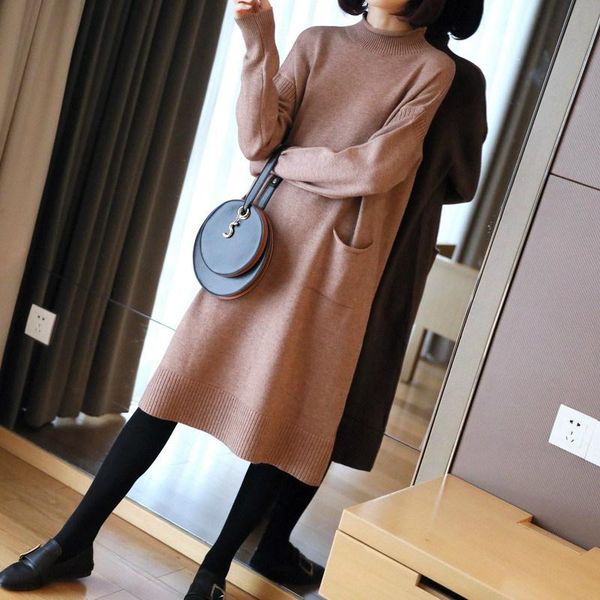 

casual dresses oversize autumn winter cotton dress women long sleeve brief black knitted ladies pocket korean sweater, Black;gray