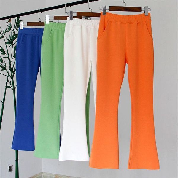 

spring summer candy color womens capri high waist elastic slim ankle length flare pants casual streetwear long trousers, Black;white