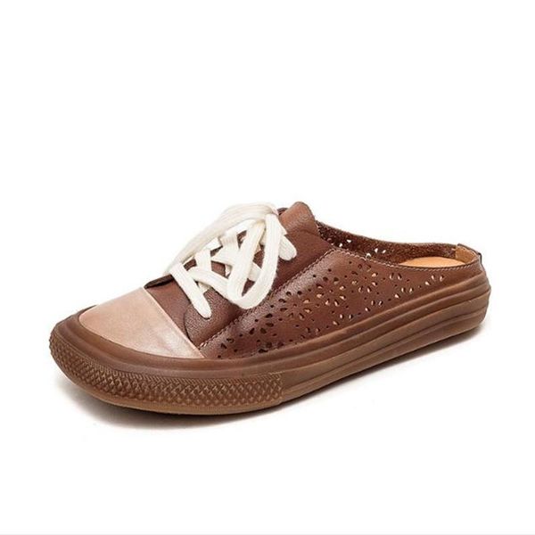 

slippers outer wear leather ladies brown flat casual shoes retro square toe cutout sandals summer women's beach slides, Black