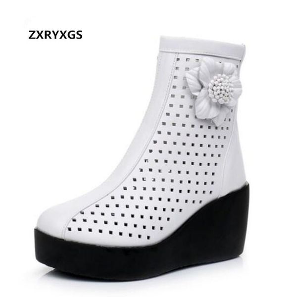 

flower breathable genuine leather shoes woman cool boots fashion sandals summer 2021 slope high heel, Black